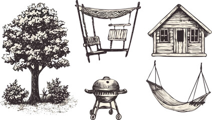 Hand-drawn vector illustrations of backyard elements including tree, bushes, swing, small wooden house, barbeque grill and hammock ideal for nature, leisure, and outdoor living concepts