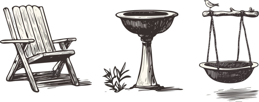 Garden furniture set hand drawn vector illustration isolated on white background wooden adirondack chair birdbath and hanging bird feeder sketch style elements for outdoor recreation concept