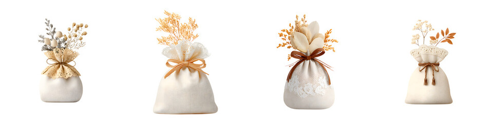 Decorative dried flower arrangements in neutral toned vases