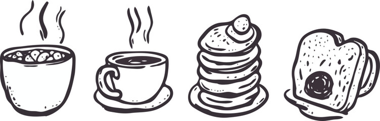 Hand-drawn breakfast vector illustration set with hot soup, coffee, pancakes and toast isolated on white background for menu, cafe, restaurant, and food blog designs