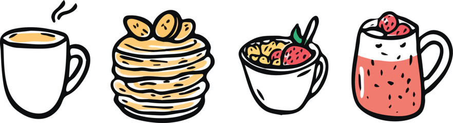 Hand drawn breakfast food and drinks vector set including coffee, pancakes, cereal, and smoothie isolated on a white background ideal for menu, cafe, restaurant, or recipe illustrations