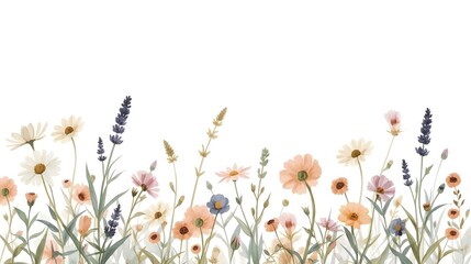 Botanical watercolor illustration of wildflowers and herbs