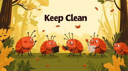 Cute ladybugs, Keep Clean message, forest scene