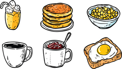 Hand drawn breakfast food and drinks vector illustration set including coffee milkshake pancakes cornflakes toast with fried egg and chocolate drink perfect for menu design cafe restaurant and more