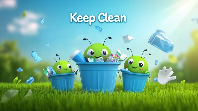 Cute cartoon bugs with trash in blue bins on green grass, sunny day