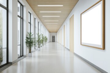 Obraz premium Bright, modern hallway with indoor plants, big windows, and an empty frame. Use it for displaying artwork, office designs, or architectural concepts.