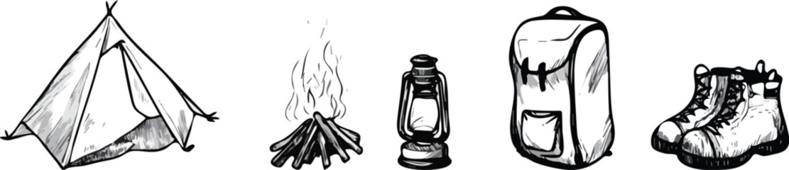 Hand-drawn Camping Essentials Set Tent Campfire Lantern Backpack and Hiking Boots Vector Illustration Isolated on White Background for Outdoor Adventure Travel and Exploration Designs