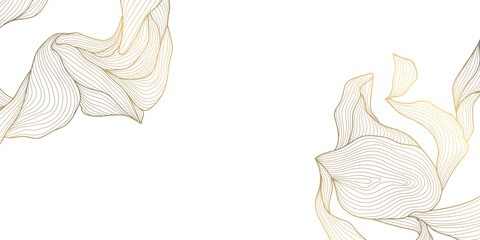 Vector art deco leaves, swirls organic shape frame. Line floral abstract frame, golden corners for decoration. Wedding template, copper ornament, package illustration.