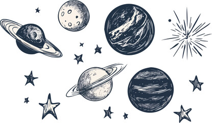 Hand-drawn vector illustration set of planets, stars, and celestial bodies isolated on a white background for space exploration, astronomy, and science-themed designs © Hoody Baba