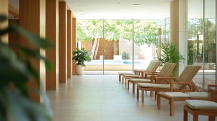 Modern spa lounge with outdoor pool view