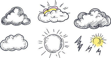 Hand-drawn weather icons set featuring clouds sun and lightning vector illustration isolated on white background perfect for web design banner poster sticker card textile and print designs