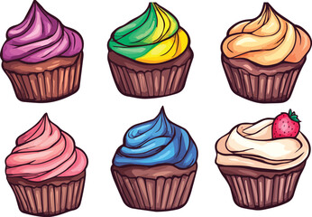 Set of six colorful cupcakes with different frosting vector illustration isolated on white background concept for print web design banner poster sticker card and textile design