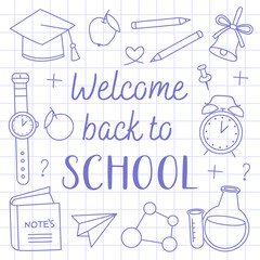 Welcome back to school card. Blue doodles, outline illustrations of school supplies on a white notebook sheet. Book, alarm clock, bell, academic cap, chemical flask, pencil, molecule.