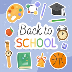 Back to school card. Stickers with illustrations of school supplies, palette, square academic cap, basketball, wristwatch, bell, alarm clock, apple, pencils. Blue background.