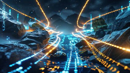 Digital landscape with binary code flowing through a watery canyon with mountains in background