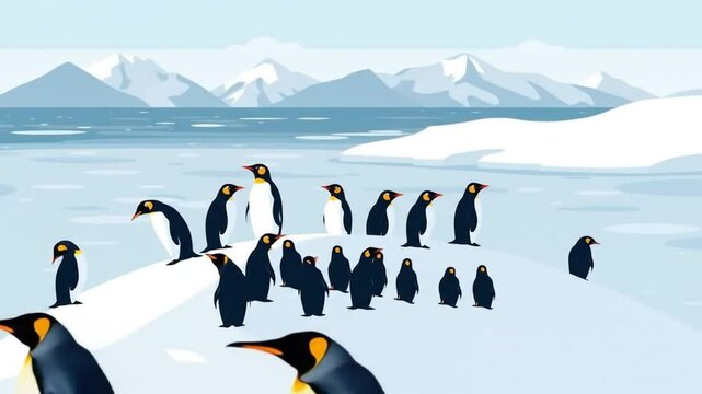 Gentoo penguin colony in the South Pole, Antarctic Peninsula. A large group of wild animals resting on a snowy hill, cold sea and mountains in the background. 4k video