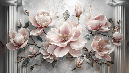 3D Floral Wallpaper with Pink Magnolias and Classic Columns. Romantic Wall Mural for Interior Decor. 3D wallpaper Pink Magnolia on the background of columns.