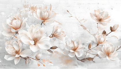 Floral illustration with white flowers on brick white background. Floral wallpaper for interior decor. Wallpaper White magnolia on white background