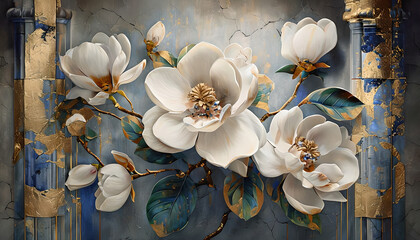 Floral illustration with white magnolias on abstract background. White 3D Flowers on blue with gold abstract background. Wallpaper White magnolias on abstract background.