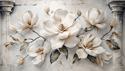 3D Floral Wallpaper with White Magnolias and Classic Columns. Romantic Wall Mural for Interior Decor. 3D wallpaper White Magnolia on the background of columns.