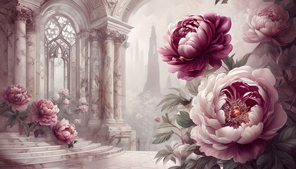 Glamorous retro illustration with lush peonies and architecture. Pink Illustration With Peonies in retro style.