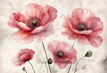 Botanical illustration red watercolor poppies on abstract beige background. Watercolor Wallpaper Red Poppies on concrete background.