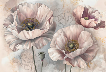 Botanical Illustration of Soft Pastels Poppies. Flowers Wallpaper Design of Soft Poppies. A close-up view of Elegant Poppies in Soft Pastels abstrakt background.