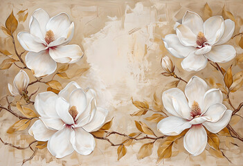 Floral Illustration Of White Flowers On Soft Hues. Floral Wallpaper for Interior Decor. Wallpaper White Magnolia on the Abstrackt Beige background