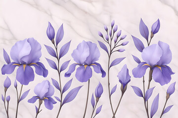 Lavender Irises Blooming Against Elegant Marble Background. Watercolor Illustration Lavender Irises. Soft Marble Background. Wall Art for Interior Decor. Wallpaper Floral Design