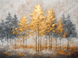 Watercolor Illustration Trees with golden foliage on soft beige background. Wall Art for Interior Decor.