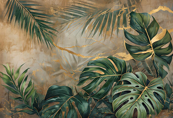 Luxury Botanical Illustration with Monstera Leaves. Green Monstera Leaves on a marbled brown background. Wallpaper Green Leaves Closeup on brown Abstract background