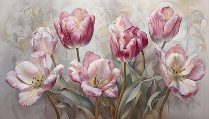 Large Tulips In Various Blooms Against A Soft Background. Watercolor Illustration Pink Tulips on soft abstract background. Wall Art for Interior Decor. Wallpaper Floral Design
