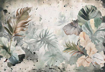 Watercolor composition of tropical leaves on textured abstract background. Watercolor Wallpaper Green Leaves tropical on abstract background.