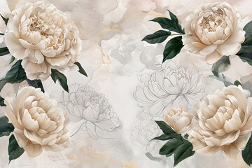 Luxurious floral design with cream peonies on an abstract light background. Floral Wallpaper Peonies white close-up on abstract background.