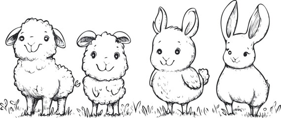 Cute Lamb and Bunny Rabbit Vector Illustration Set - Adorable Farm Animals in a Field, Perfect for Childrens Books, Greeting Cards, and Nursery Decor