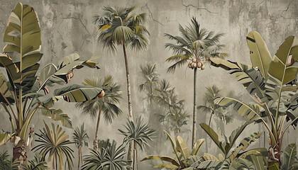 Watercolor Tropical Illustration. Green Tropical plants and Palm trees on concrete with cracked gray background. Watercolor Tropical Wallpaper.
