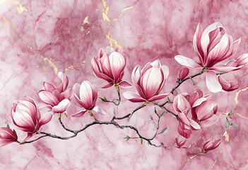 Blooming Pink Magnolia Flowers on a pink marbled background. Flower Illustration Pink magnolia on a twig. Pink Magnolia Flower Wallpaper