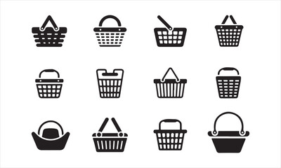 Collection of various shopping baskets and grocery carts vector art on white