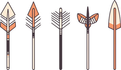 Set of five different boho arrows vector illustration isolated on white background for print web banner poster sticker card and textile design concept of hunting and tribal culture