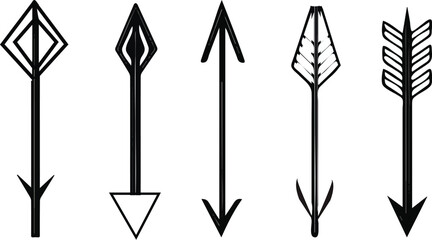 Five different vector arrow designs isolated on white background for web design, banners, posters, stickers, and textile prints