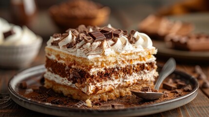 A tempting chocolate dessert features layers of cake, whipped cream, and chocolate shavings, inviting dessert lovers to indulge in this rich and delightful treat.