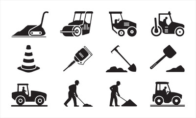set features a collection of black silhouette icons representing various construction equipment and workers vector art on white