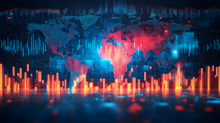 Global Network Data Visualization with Glowing Blue and Red World Map