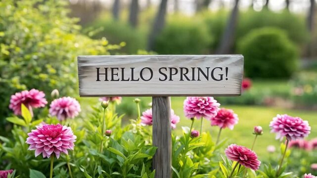 Hello spring sign with blooming pink flowers, green garden background