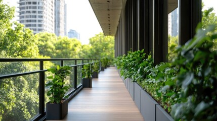 Modern urban balcony walkway with greenery.  City view and lush plants