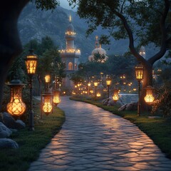 many lanterns lit up on the pathway to a castle