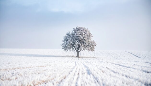 solitary tree in winter fog and mist on the field