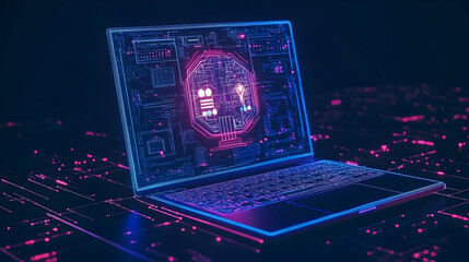 Glowing Neon Laptop with Digital Data Hologram