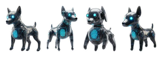 Sleek Chrome Plated AI Robot Dogs with Glowing Blue Eyes and Futuristic Design