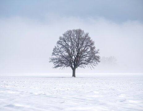 solitary tree in winter fog and mist on the field